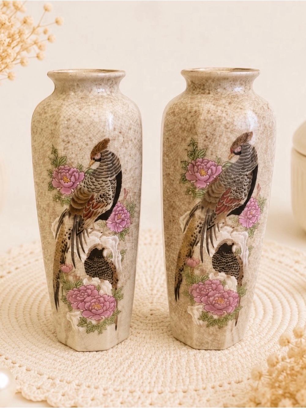 Pair of vintage Japanese porcelain crackle-glaze vases